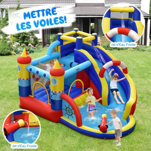 Chateau Gonflable Style Bateau avec Toboggan Incurvé Zone de Saut Mur d'Escalade avec Gonfleur 450 W - Image 6