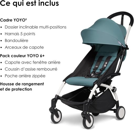 Poussette BABYZEN YOYO2 6+ (Cadre noir + pack couleur Aqua) - Comprend un harnais, un dossier, des arceaux de capote, une bandoulière, un coussin d’assise, et une capote assortie - Image 26