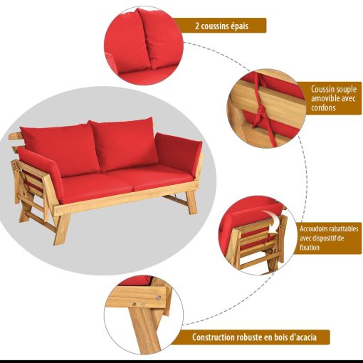 Chaise Longue Convertible avec Coussin Canapé de Jardin 2 en 1 en Bois d’Acacia avec Accoudoir Réglable pour Patio Piscine Jardin Blanc/Gris/Bleu/Rouge - Image 41