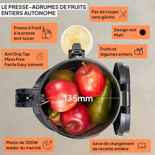 Slow Chewing, Slow Juicer, Fresh and Healthy Juice, Sorbet, Ice Cream, Mouth 75 mm, BPA Free, 240 Watts, Cold Pressure, Stainless Steel Black Fridja f1900 - Image 6