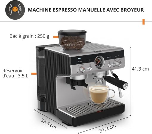 Krups Virtuoso+, Machine expresso, Machine a cafe à pompe, expresso machine a cafe moulu ou dosettes, 15 bars, Inox, Buse vapeur, Espresso et cappuccino, XP444G10 - Image 4