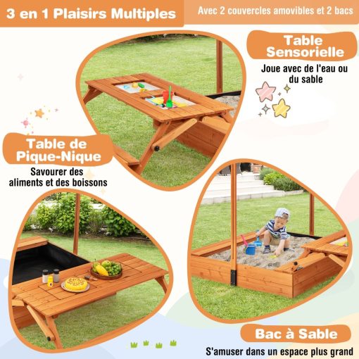Bac à Sable en Bois pour Enfants avec Couvercle Aire de Jeux avec Table Sensorielle Pliable & Banc Parasol Ajustable pour 3+ Ans Naturel - Image 8