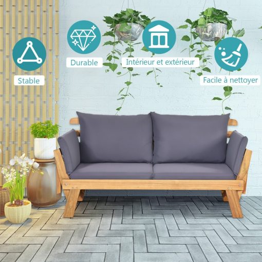 Chaise Longue Convertible avec Coussin Canapé de Jardin 2 en 1 en Bois d’Acacia avec Accoudoir Réglable pour Patio Piscine Jardin Blanc/Gris/Bleu/Rouge - Image 33