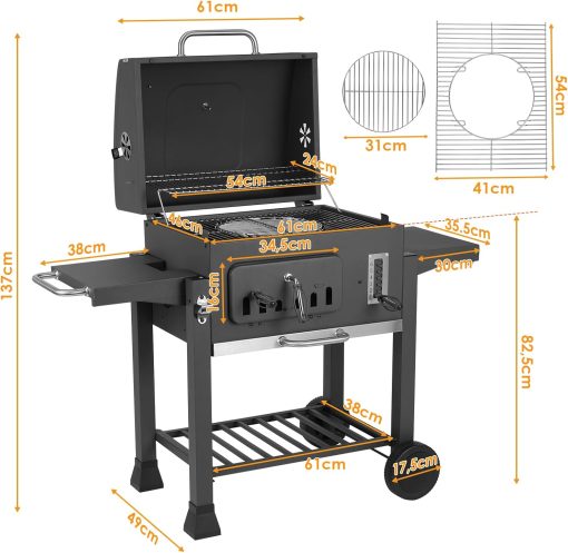 Barbecue Charbon de Bois XL, Chariot à Barbecue, Grill XL à Charbon avec Couvercle, Roues et Thermomètre, Réglable en Hauteur, Grand Barbecue au Charbon de Bois, pour Camping et Jardin, Noir - Image 27