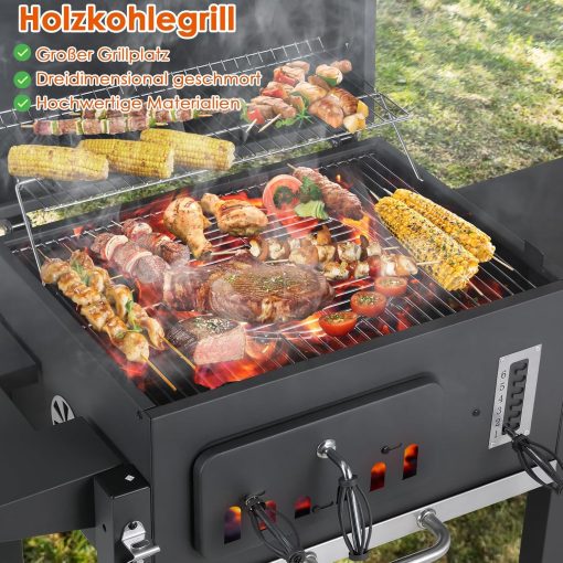 Barbecue Charbon de Bois XL, Chariot à Barbecue, Grill XL à Charbon avec Couvercle, Roues et Thermomètre, Réglable en Hauteur, Grand Barbecue au Charbon de Bois, pour Camping et Jardin, Noir - Image 39