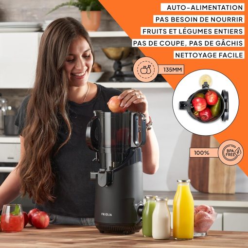 Slow Chewing, Slow Juicer, Fresh and Healthy Juice, Sorbet, Ice Cream, Mouth 75 mm, BPA Free, 240 Watts, Cold Pressure, Stainless Steel Black Fridja f1900 - Image 4