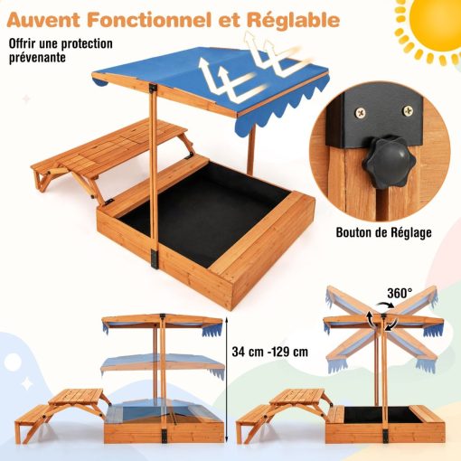 Bac à Sable en Bois pour Enfants avec Couvercle Aire de Jeux avec Table Sensorielle Pliable & Banc Parasol Ajustable pour 3+ Ans Naturel - Image 6