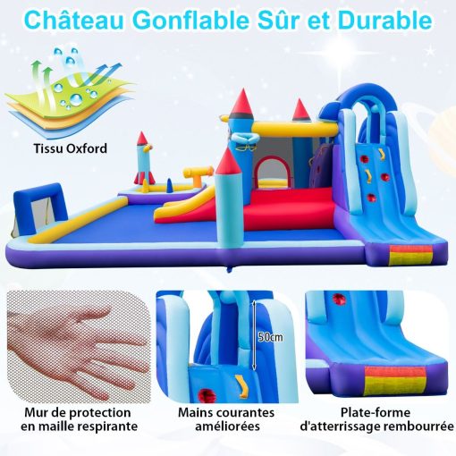 Chateau Gonflable à Toboggans Aquatiques Thème de La Fusée pour Enfants Piscine Zone de Saut Pistolet à Eau Escalade Souffleur de 850 W Multicolore - Image 6