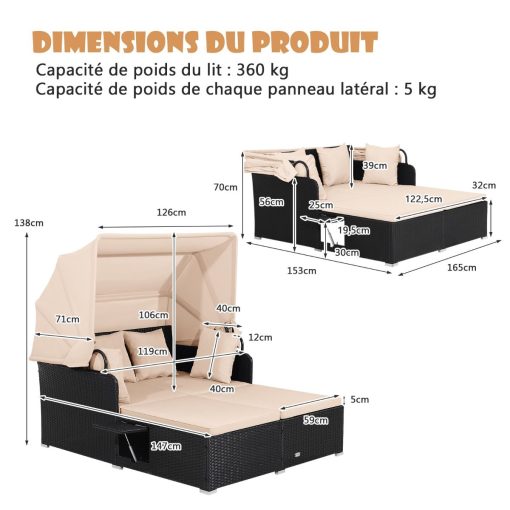 Chaise Longue à 2 Places en Rotin avec Auvent Rétractable Bain de Soleil avec Panneaux Latéraux Pliables Charge 360KG Beige/Gris - Image 10