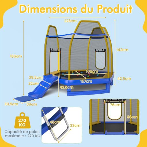 Trampoline Extérieur ? 223cm avec Toboggan&Echelle avec Filet de Sécurité 2 Portes en U Charge 270kg pour 2-3 Enfants de 3 Ans+ Bleu/Vert - Image 10