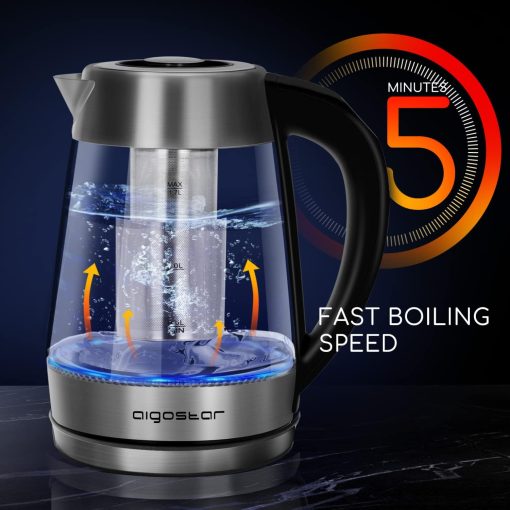 Aigostar Cris - Bouilloire en verre Température Réglable 2200W, 1.7L. Thermostat Réglable (60 à 100oC) et fonction maintien au chaud, Filtre à thé amovible, éclairage LED de couleurs, Sans BPA. - Image 4