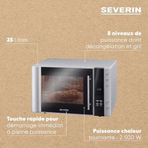 SEVERIN Four à micro-ondes 30 L, 2 500 W, avec fonction gril et chaleur tournante, avec 5 niveaux de puissance, 10 programmes automatiques, Inox/Noir, MW 7775 - Image 6