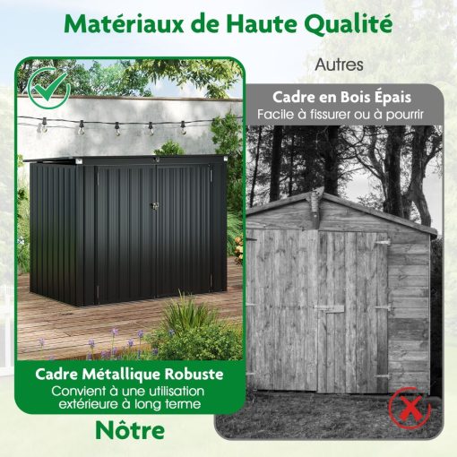 Abri de Stockage en Métal Galvanisé pour Poubelles Extérieur Abri de Jardin Verrouillable avec Toit Ouvert 2 Portes 172X95,5X130CM Gris - Image 7