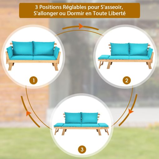 Chaise Longue Convertible avec Coussin Canapé de Jardin 2 en 1 en Bois d’Acacia avec Accoudoir Réglable pour Patio Piscine Jardin Blanc/Gris/Bleu/Rouge - Image 24
