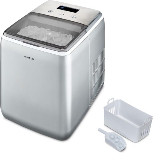 MEDION Ice maker (ice cube size small & large, 2.6 litre water tank, short production time approx. 10 minutes, crystal clear ice cubes, self-cleaning, control window, screen,