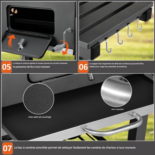 Barbecue Charbon de Bois XL, Chariot à Barbecue, Grill XL à Charbon avec Couvercle, Roues et Thermomètre, Réglable en Hauteur, Grand Barbecue au Charbon de Bois, pour Camping et Jardin, Noir - Image 30