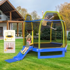 Trampoline Extérieur ? 223cm avec Toboggan&Echelle avec Filet de Sécurité 2 Portes en U Charge 270kg pour 2-3 Enfants de 3 Ans+ Bleu/Vert