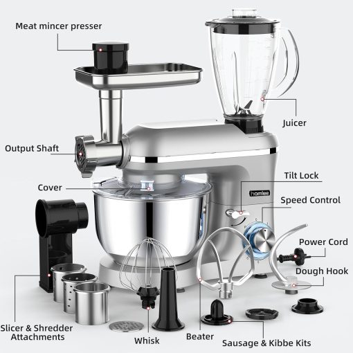 Homlee 3 en 1 Robot Patissier,1800W Robot Cuisine Multifonctions,avec Hachoir à viande,1,5 L Extracteur de jus,Kit pour Saucisses,3 Plaques de Broyage,5.5L Bol d'Acier Inoxydable (Argent) - Image 9