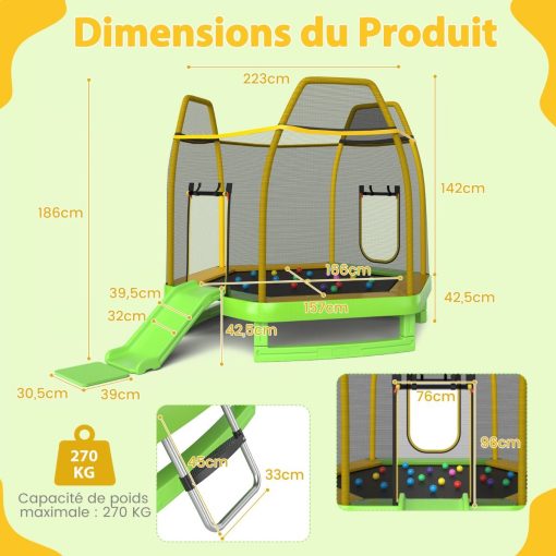Trampoline Extérieur ? 223cm avec Toboggan&Echelle avec Filet de Sécurité 2 Portes en U Charge 270kg pour 2-3 Enfants de 3 Ans+ Bleu/Vert - Image 19