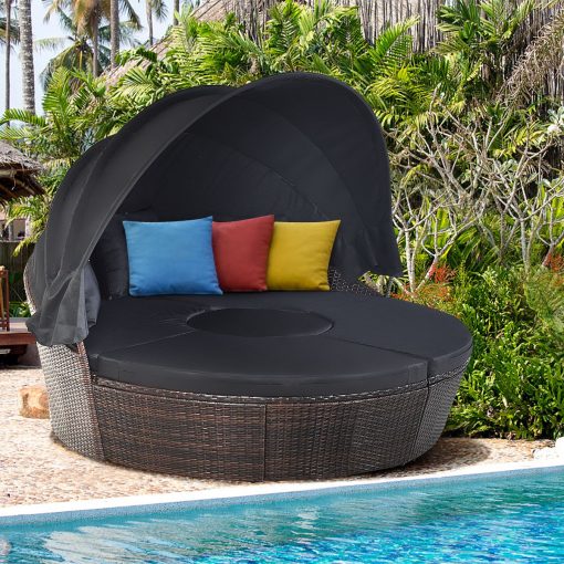 Lit de Jardin Rond d'Exterieur Table Relevable Modulable & Convertible - Pare Soleil Réglable rotin PE Coussins Inclus  Noir - Image 2