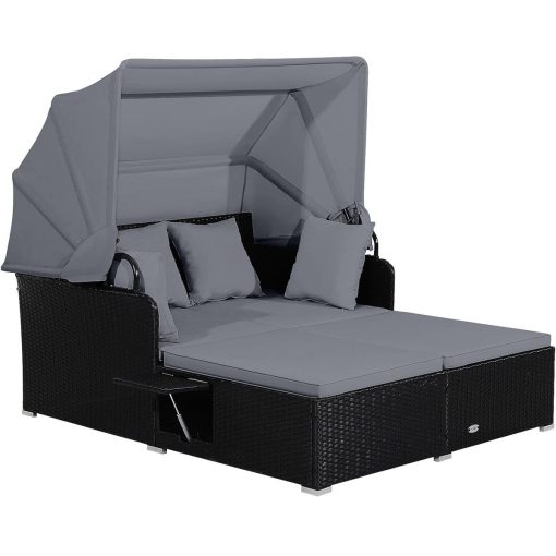 Chaise Longue à 2 Places en Rotin avec Auvent Rétractable Bain de Soleil avec Panneaux Latéraux Pliables Charge 360KG Beige/Gris - Image 12