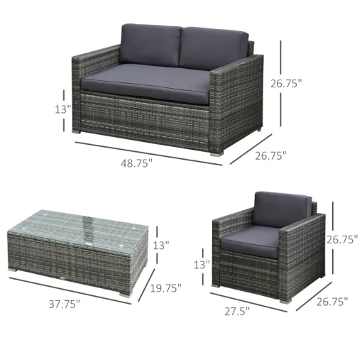 Ensemble de meubles de patio 4 pièces, canapé en osier de rotin, ensemble de luxe pour extérieur, ensemble de meubles de jardin avec coussins pour porche, jardin, balcon au bord de la piscine, gris - Image 3