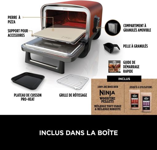 Ninja Woodfire Four à pizza extérieur électrique 8-en-1, rotissoire & fumoir barbecue avec grille, plaque pro-heat, pierre à pizza, granulés de bois et pelle, 6 réglages, orange foncé OO101EU - Image 3