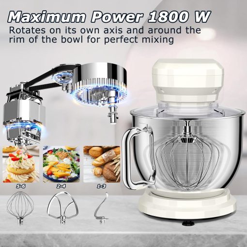 CHeflee 1800W Professional Kitchen Mixer 7.2 Litres Low Noise Multifunctional Kitchen Robot with Whisk, Beater, Hook, Stainless Steel Bowl, 6 Speeds - Image 20