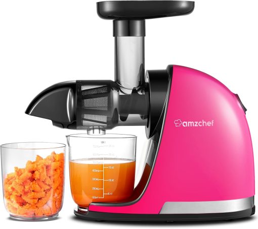 AMZCHEF Extracteur Jus - Extracteur de Jus de Fruits et Légumes - Presses-agrumes à Froid sans BPA avec 2 Tasses et Brosse - Fonction de Mastication Inversée pour éviter les Blocages - Argent - Image 4