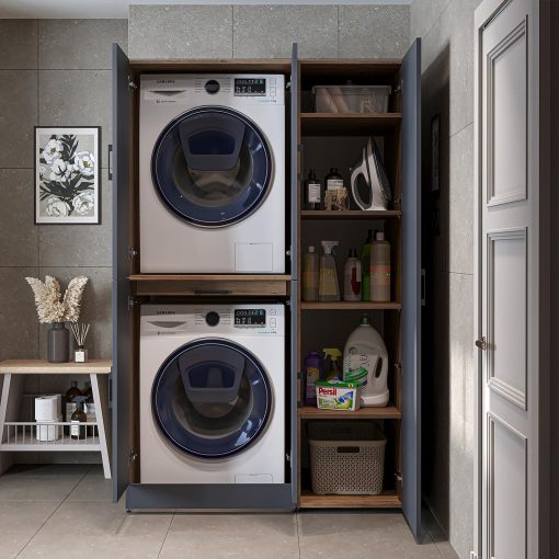 ROOMART Dora - Armoire de machine à laver - Pour sèche-linge et machine à laver - En 4 couleurs - Avec portes et panneau coulissant - Blanc - Chêne blanc - Chêne anthracite - Chêne blanc (chêne blanc) - Image 17