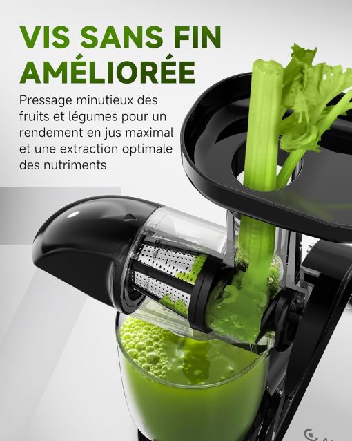 AMZCHEF Extracteur Jus - Extracteur de Jus de Fruits et Légumes - Presses-agrumes à Froid sans BPA avec 2 Tasses et Brosse - Fonction de Mastication Inversée pour éviter les Blocages - Argent - Image 3