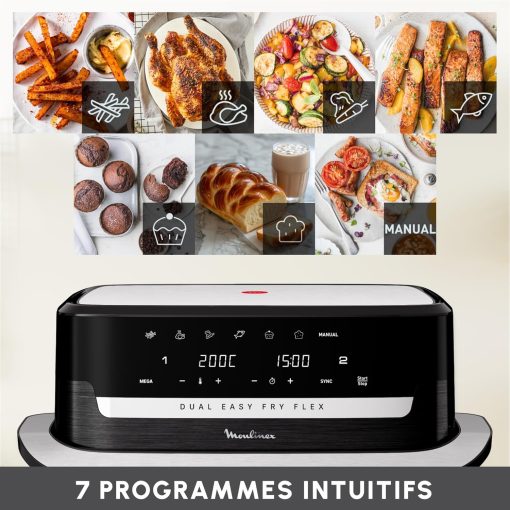 Moulinex air fryer two compartments, large capacity 8.3L, 8 people, 7 automatic programs, oil-free fryer, digital touch screen, Dual essential stainless steel, EZ901820, Black - Image 26