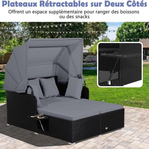 Chaise Longue à 2 Places en Rotin avec Auvent Rétractable Bain de Soleil avec Panneaux Latéraux Pliables Charge 360KG Beige/Gris - Image 16