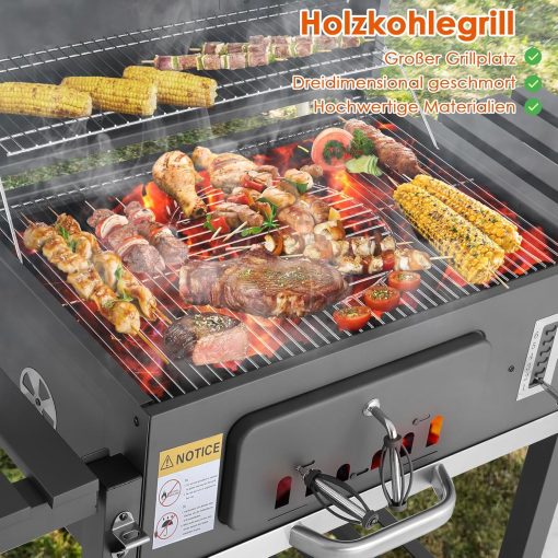 Barbecue Charbon de Bois XL, Chariot à Barbecue, Grill XL à Charbon avec Couvercle, Roues et Thermomètre, Réglable en Hauteur, Grand Barbecue au Charbon de Bois, pour Camping et Jardin, Noir - Image 6