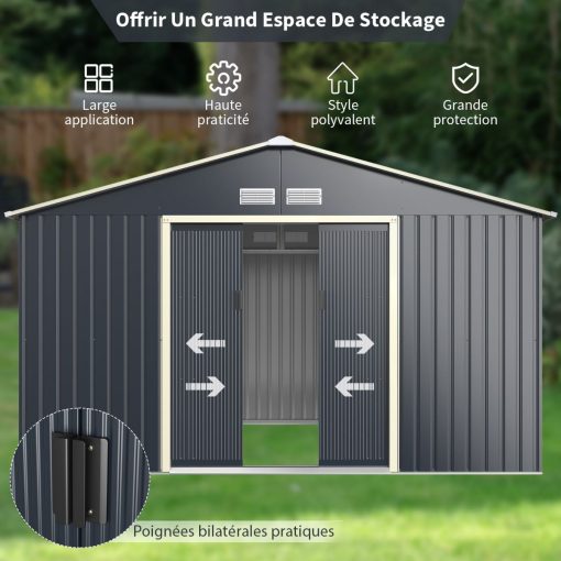 Abri de Jardin en Métal & Extension 10.85㎡ avec 2 Portes Coulissantes Verrouillables 4 Trous d’Aération Gris pour Vélo - Image 13