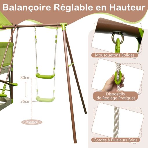Balan?oire 7-en-1 Aire de Jeu en Métal avec Fort Couvert Réglable en Hauteur Corde d'Escalade Bac à Sable Glisseur Toboggan Ondulé Vert - Image 6