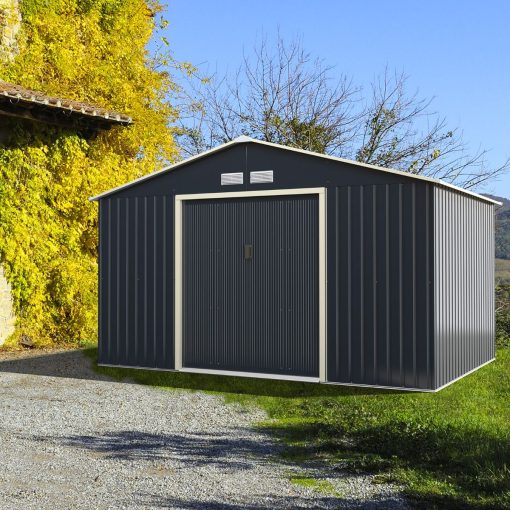 Abri de Jardin en Métal & Extension 10.85㎡ avec 2 Portes Coulissantes Verrouillables 4 Trous d’Aération Gris pour Vélo - Image 3