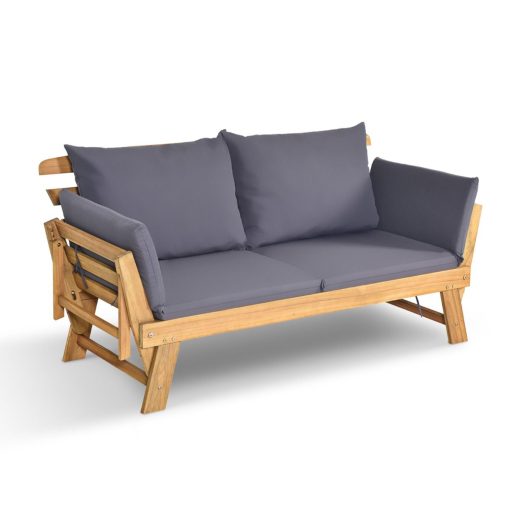 Chaise Longue Convertible avec Coussin Canapé de Jardin 2 en 1 en Bois d’Acacia avec Accoudoir Réglable pour Patio Piscine Jardin Blanc/Gris/Bleu/Rouge - Image 29