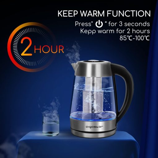 Aigostar Cris - Bouilloire en verre Température Réglable 2200W, 1.7L. Thermostat Réglable (60 à 100oC) et fonction maintien au chaud, Filtre à thé amovible, éclairage LED de couleurs, Sans BPA. - Image 5