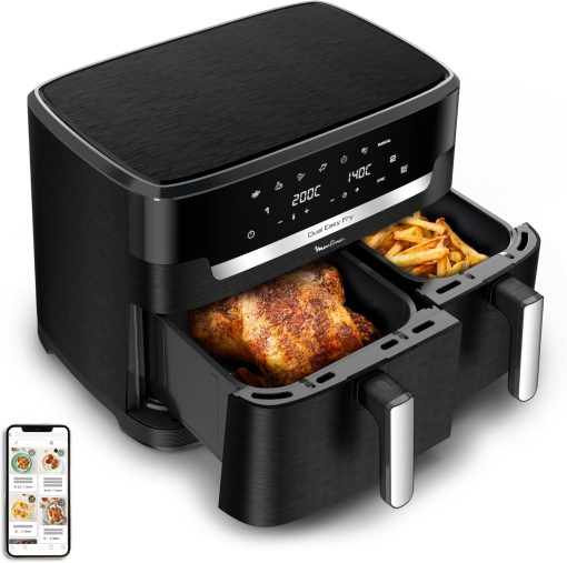Moulinex air fryer two compartments, large capacity 8.3L, 8 people, 7 automatic programs, oil-free fryer, digital touch screen, Dual essential stainless steel, EZ901820, Black - Image 6