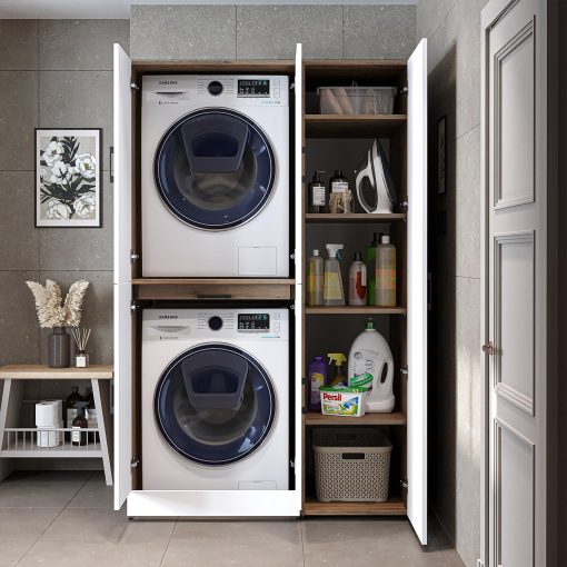 ROOMART Dora - Armoire de machine à laver - Pour sèche-linge et machine à laver - En 4 couleurs - Avec portes et panneau coulissant - Blanc - Chêne blanc - Chêne anthracite - Chêne blanc (chêne blanc) - Image 39