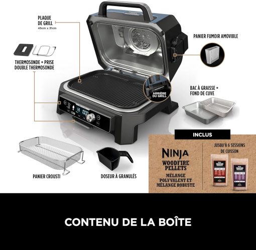 Ninja Woodfire Barbecue électrique et fumoir Pro XL avec thermomètre, barbecue et Air fryer d'extérieur 4-en-1 avec système Smart Cook et granulés Woodfire, portatif, gris/noir, OG850EU - Image 4