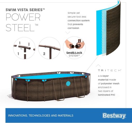 Bestway 56946 Piscine Power Steel? Swim Vista ovale 488 x 305 x 107 cm motif rotin avec hublots, filtration à sable, échelle, bache et diffuseur Chemconnect? - Image 24