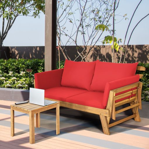 Chaise Longue Convertible avec Coussin Canapé de Jardin 2 en 1 en Bois d’Acacia avec Accoudoir Réglable pour Patio Piscine Jardin Blanc/Gris/Bleu/Rouge - Image 38
