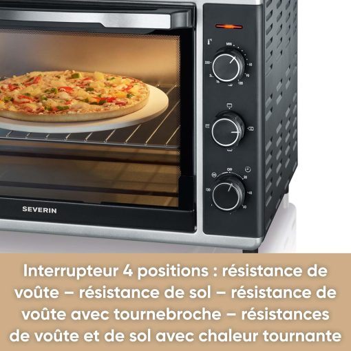 SEVERIN Mini-Four à chaleur tournante 42 L avec pierre à pizza et tournebroche, Four posable 1 800 W design élégant, électrique avec minuteur 120 min, Noir/Inox, TO 2058 - Image 12