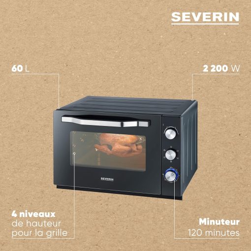 SEVERIN Mini-Four à chaleur tournante 42 L avec pierre à pizza et tournebroche, Four posable 1 800 W design élégant, électrique avec minuteur 120 min, Noir/Inox, TO 2058 - Image 5