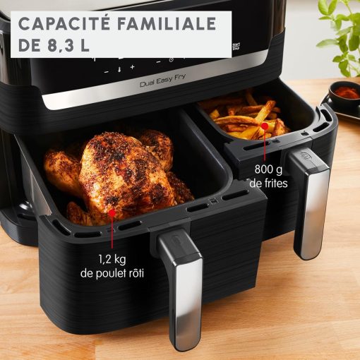 Moulinex air fryer two compartments, large capacity 8.3L, 8 people, 7 automatic programs, oil-free fryer, digital touch screen, Dual essential stainless steel, EZ901820, Black - Image 10