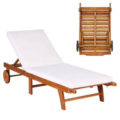Chaise Longue Pliable en Bois avec 2 Roues et un Coussin Amovible Dossier Réglable Capacité Portante 160KG Idéal pour L’extérieur - Image 3