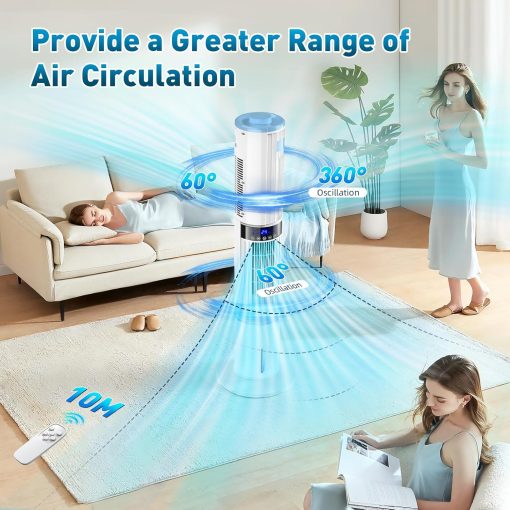 Climatiseur Mobile Silencieux Rafra?chisseur d'air avec Humidificateur, Ventilateur, 2 Sortie d'air, 360°Oscillation, 65W, 24H Minuteries, 3 Vitesses, 4 Modes,Télécommande pour Chambre Bureau - Image 3
