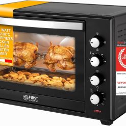 TZS First Austria Mini-four 60 l I 2000 W I Convection + R?tisserie I 4 éléments chauffants I Plage de température jusqu'à 230 °C I Minuterie 60 min I Inox I Noir